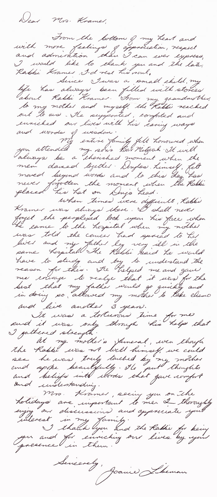 Letters – Rabbi Kramer's Legacy